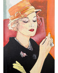 A stylized portrait painting of a woman in a black outfit with a patterned pearl necklace, a pink floral brooch, and a yellow hat, shown against an orange and red background.
