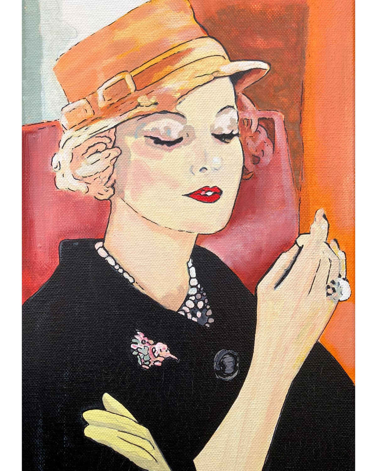 A stylized portrait painting of a woman in a black outfit with a patterned pearl necklace, a pink floral brooch, and a yellow hat, shown against an orange and red background.