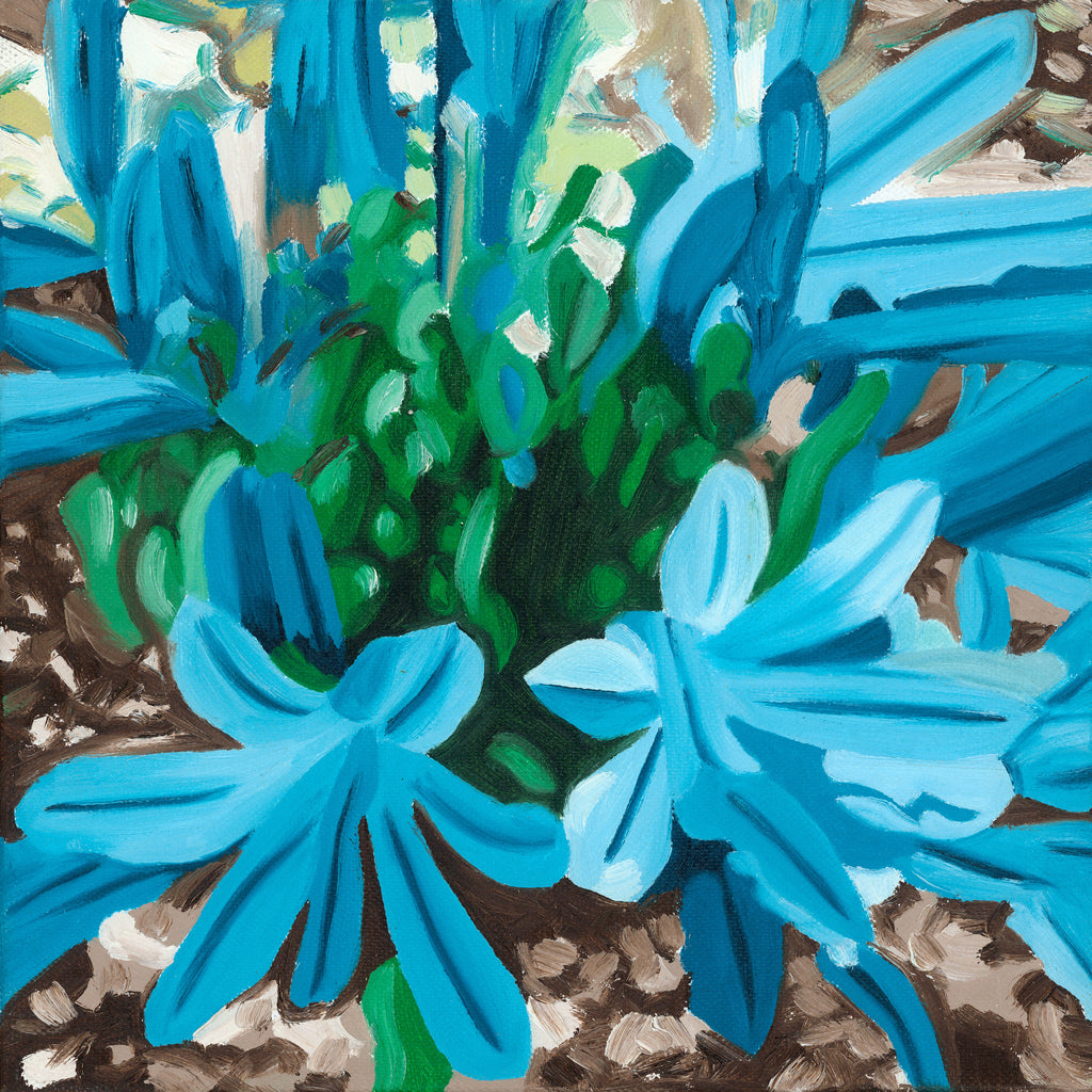 An expressive painting of bright blue flowers with green foliage and brown textured ground, rendered in thick brushstrokes.