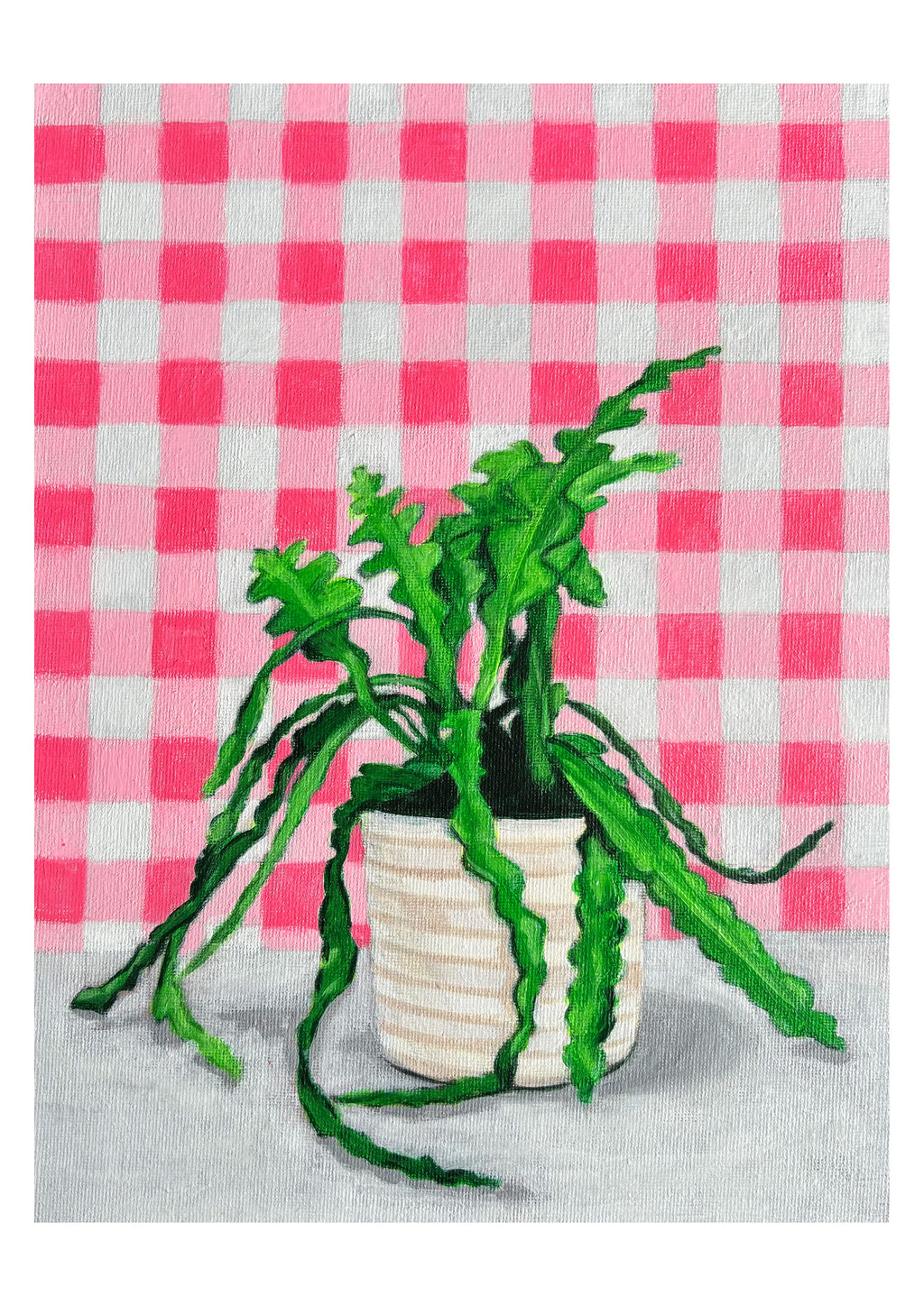 Limited edition print of a potted plant on a surface with a pink and white checkered background