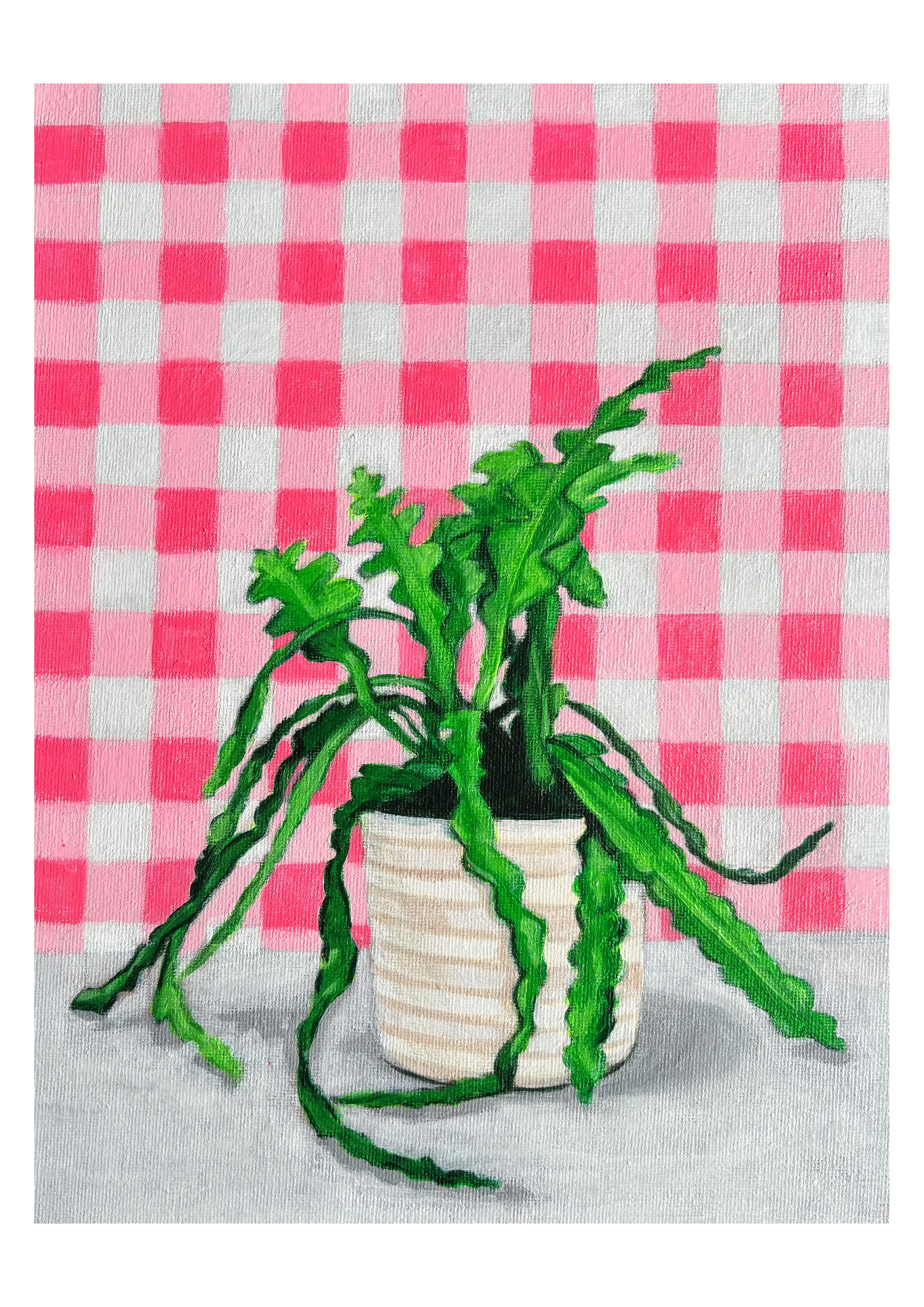 Limited edition print of a potted plant on a surface with a pink and white checkered background