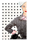 Vintage-style illustration of a woman in a gray coat with a polka dot background