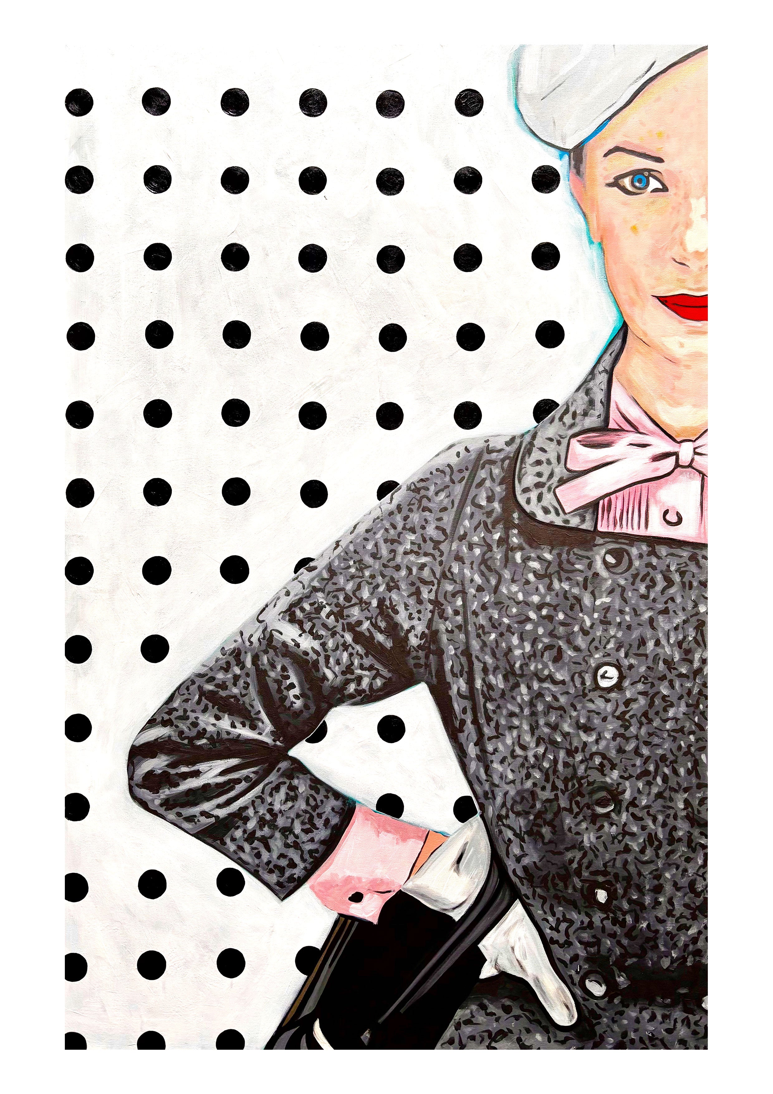 Vintage-style illustration of a woman in a gray coat with a polka dot background