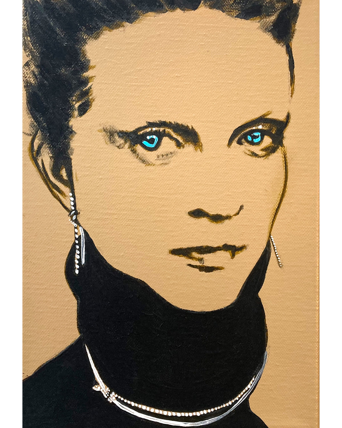 A stylized portrait painting of a woman with bright blue eyes, black hair, a black turtleneck, and silver jewelry against a warm beige background.