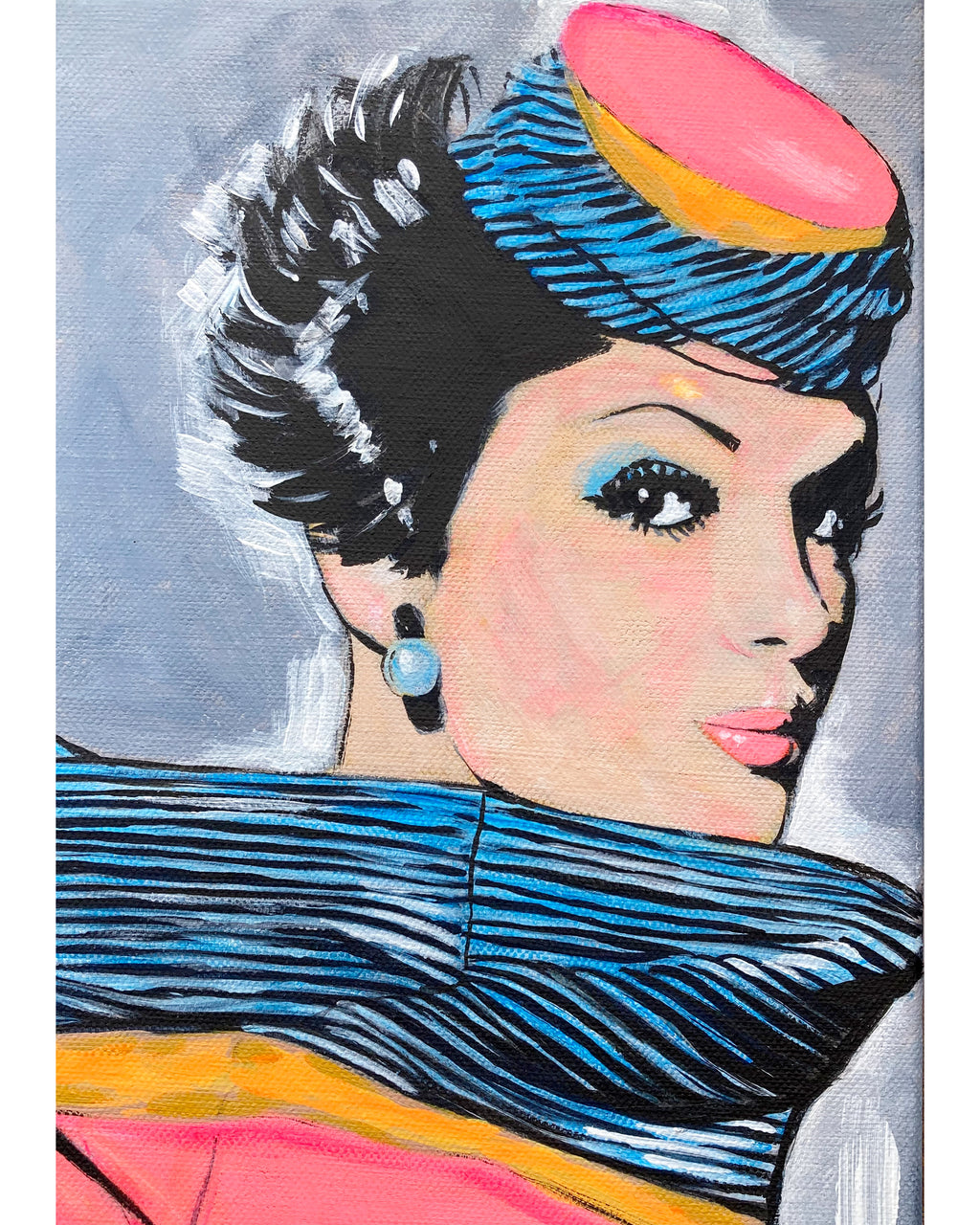 A stylized portrait painting of a woman in profile wearing a blue striped hat with a pink top and yellow band, a blue striped scarf, and a pink top, set against a light gray background.