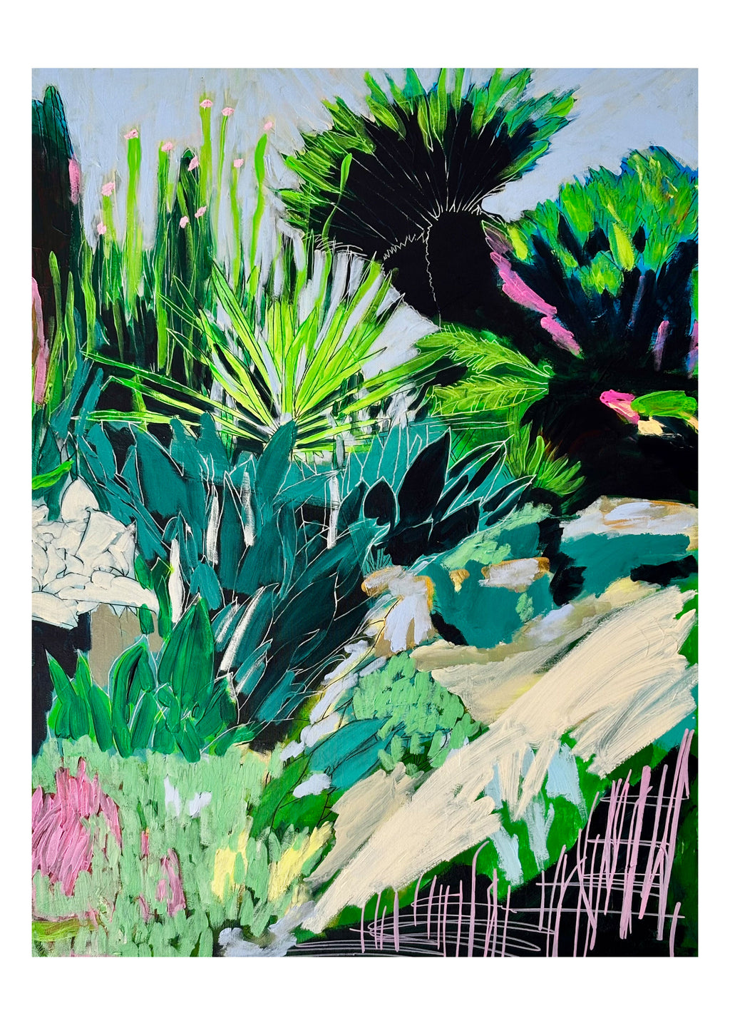 Colourful abstract limited edition print,  of a garden scene with plants and foliage.
