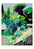 Colourful abstract limited edition print,  of a garden scene with plants and foliage.