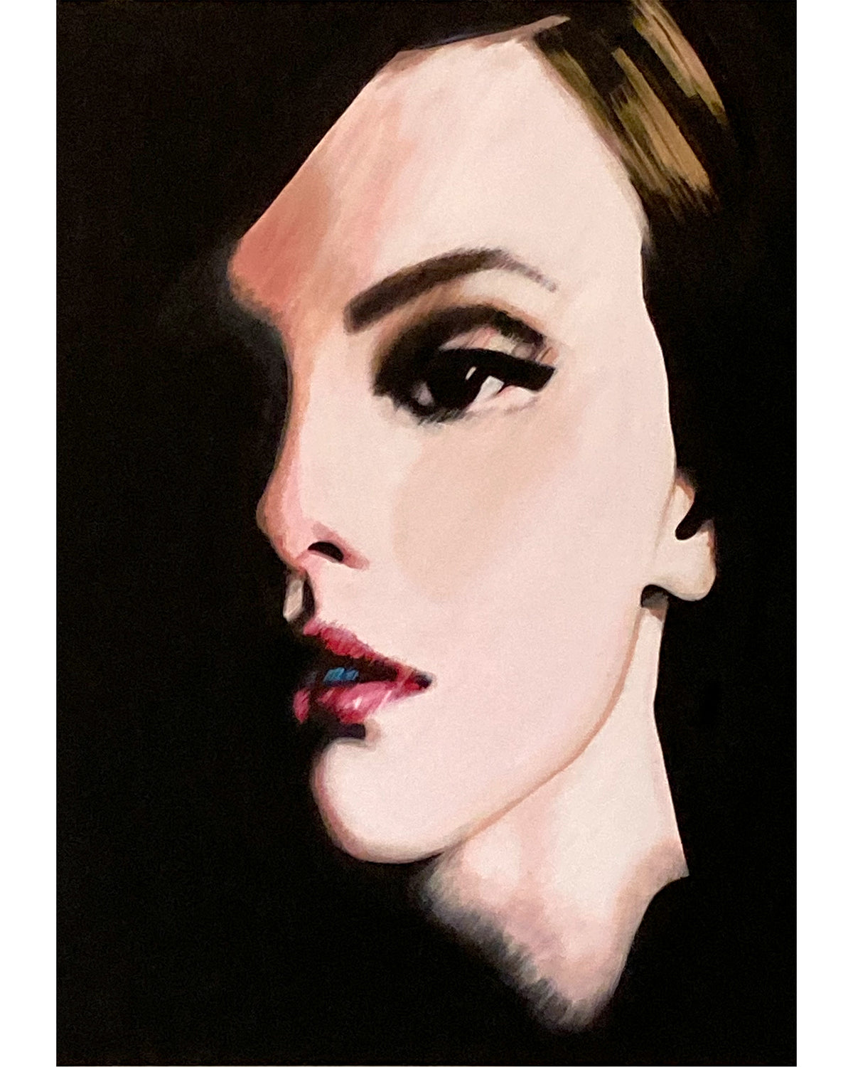 A stylized portrait painting of a woman's face in profile against a dark background, with pale skin tones, black hair, and pink-red lips.