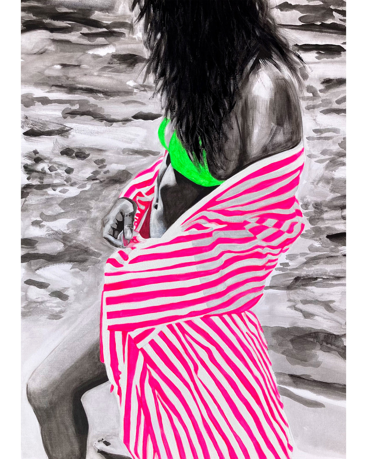 A fashion art print featuring a woman seated on a beach, wrapped in a vibrant pink and white striped towel with a neon green bikini top visible, rendered in a selective-color sketch style.