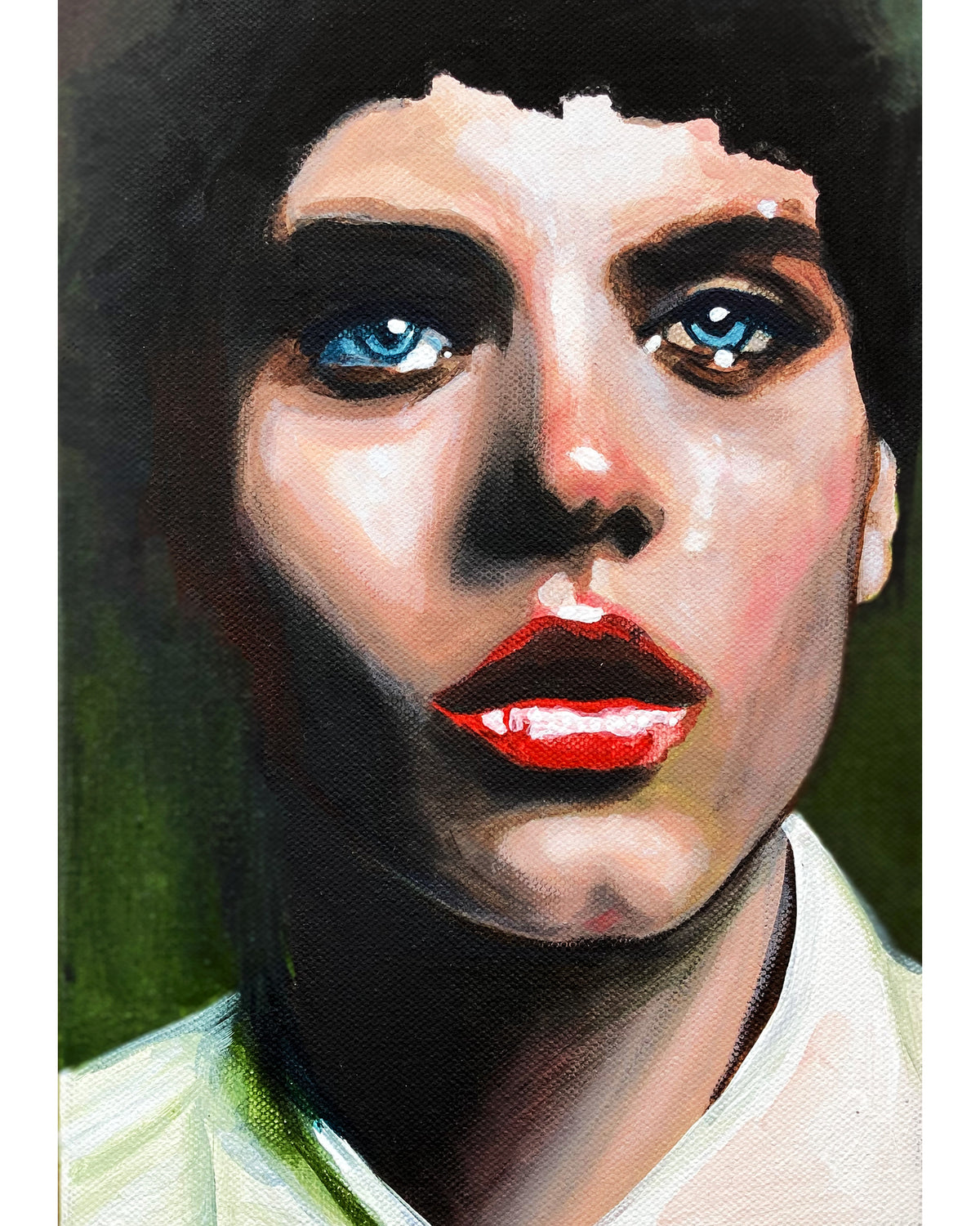 A close-up portrait painting of a person with short dark hair, bright blue eyes, red lips, and a white shirt against a dark green background.