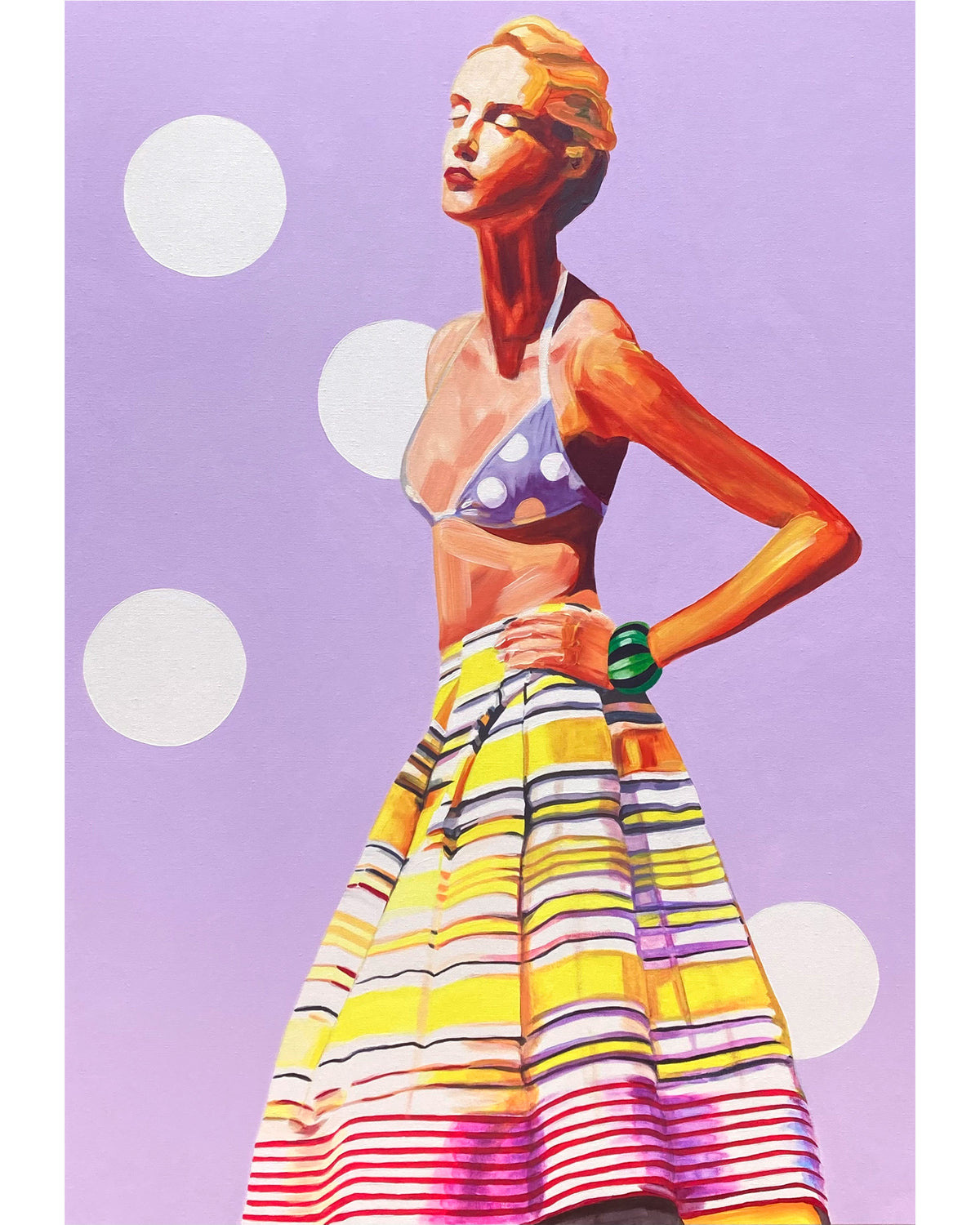 A stylized fashion illustration of a woman in a purple polka-dot halter top and a yellow, white, and pink striped skirt against a lavender background with white polka dots.