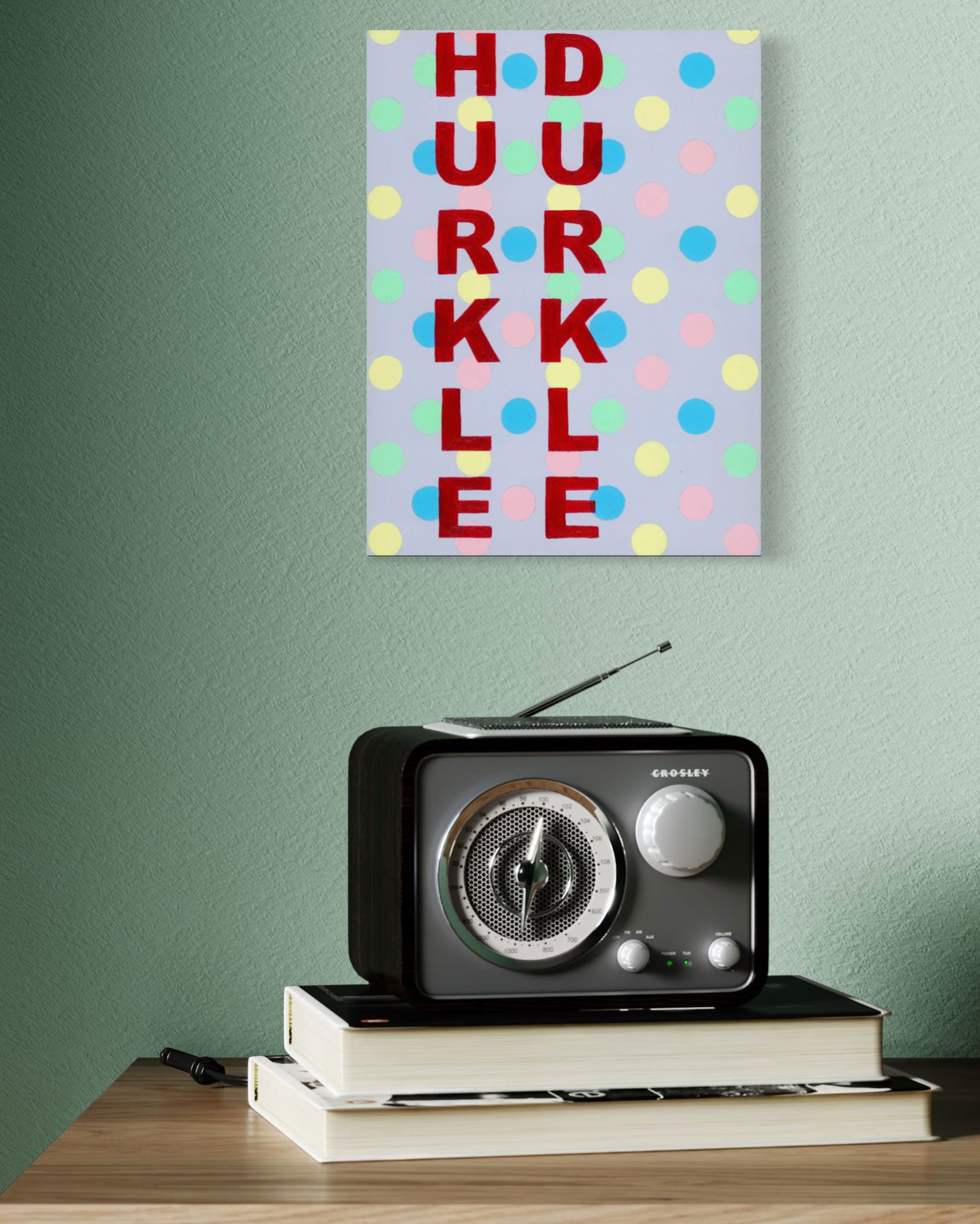 Bold red letters dance on a pastel polka dot background, creating a lively tapestry of text and colour.