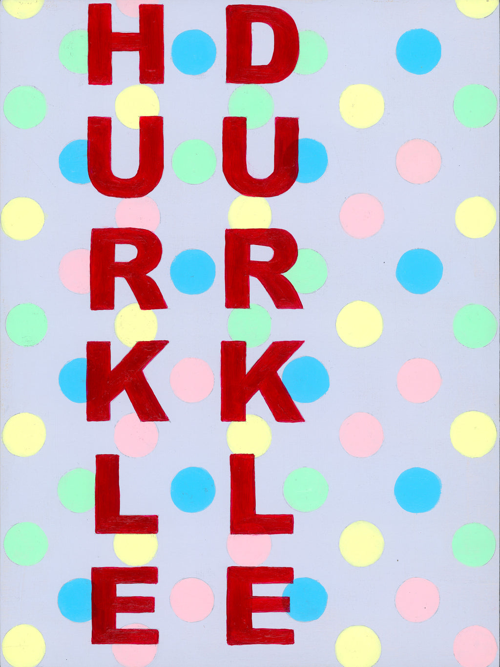 Bold red letters dance on a pastel polka dot background, creating a lively tapestry of text and colour.