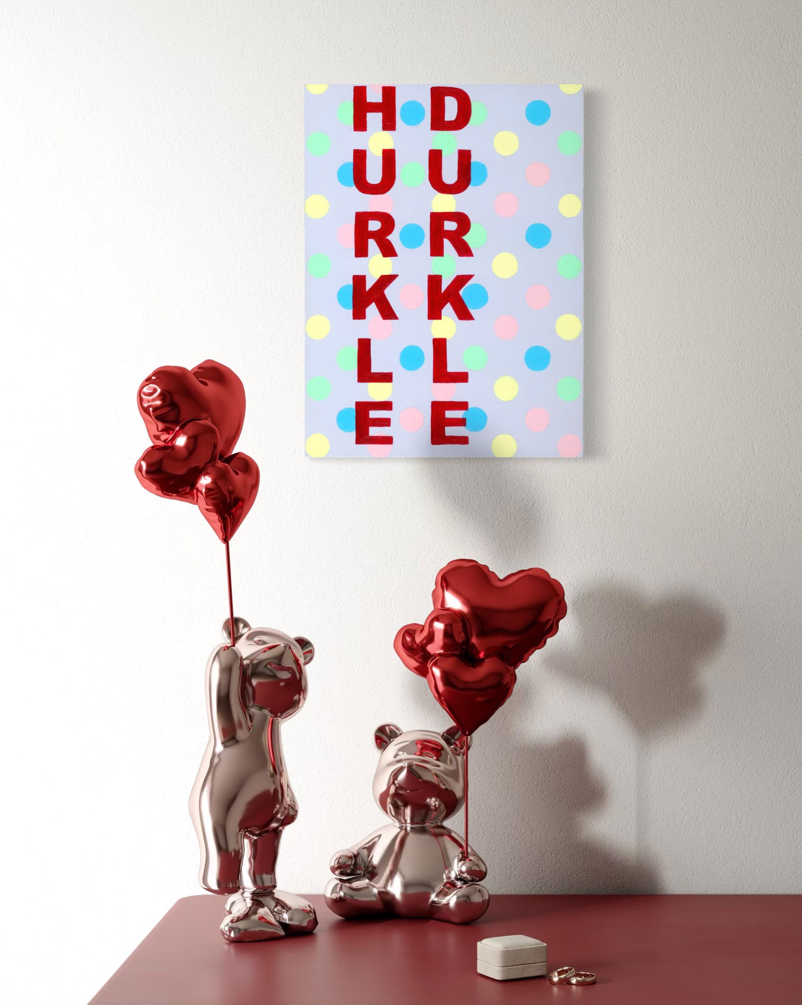 Bold red letters dance on a pastel polka dot background, creating a lively tapestry of text and colour.