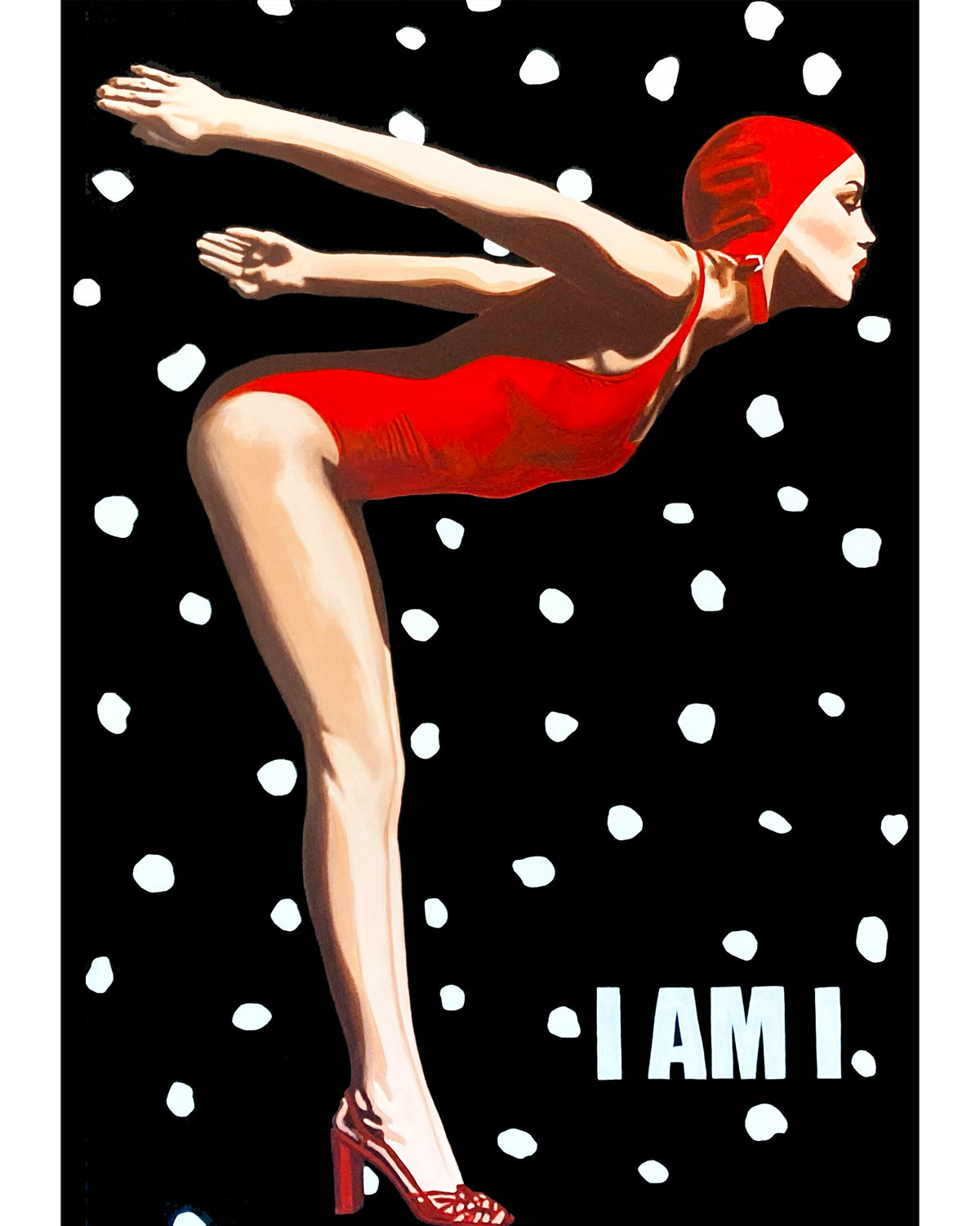 A stylized art print featuring a woman in a red one-piece swimsuit and red swim cap leaping against a black background with white spots, with the text 'I AM I.' in white at the bottom right.