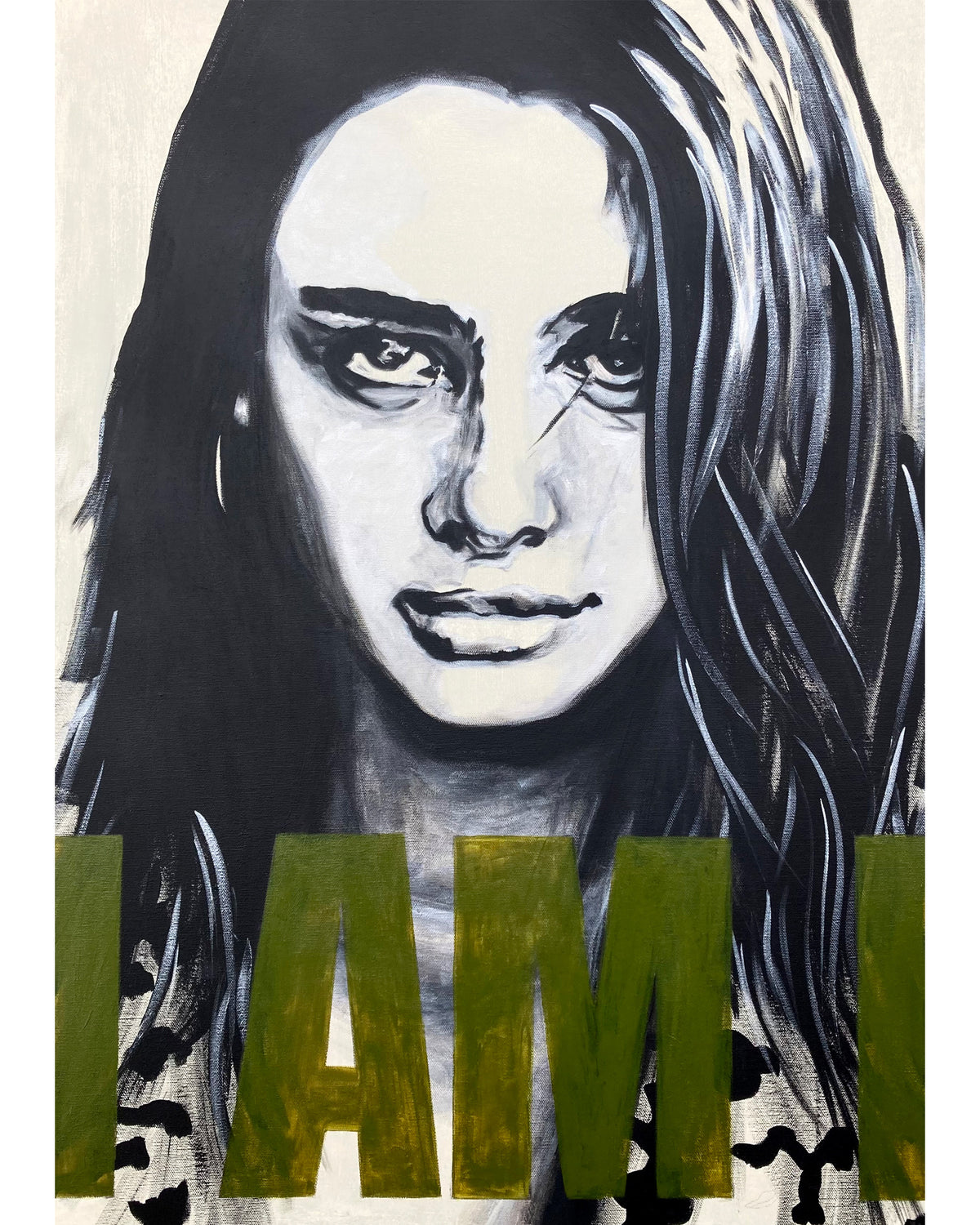 A black and white portrait of a woman with the text 'I AM I' written in khaki green.
