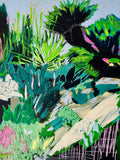 Colourful abstract painting of a natural landscape with green, black, and pink elements.