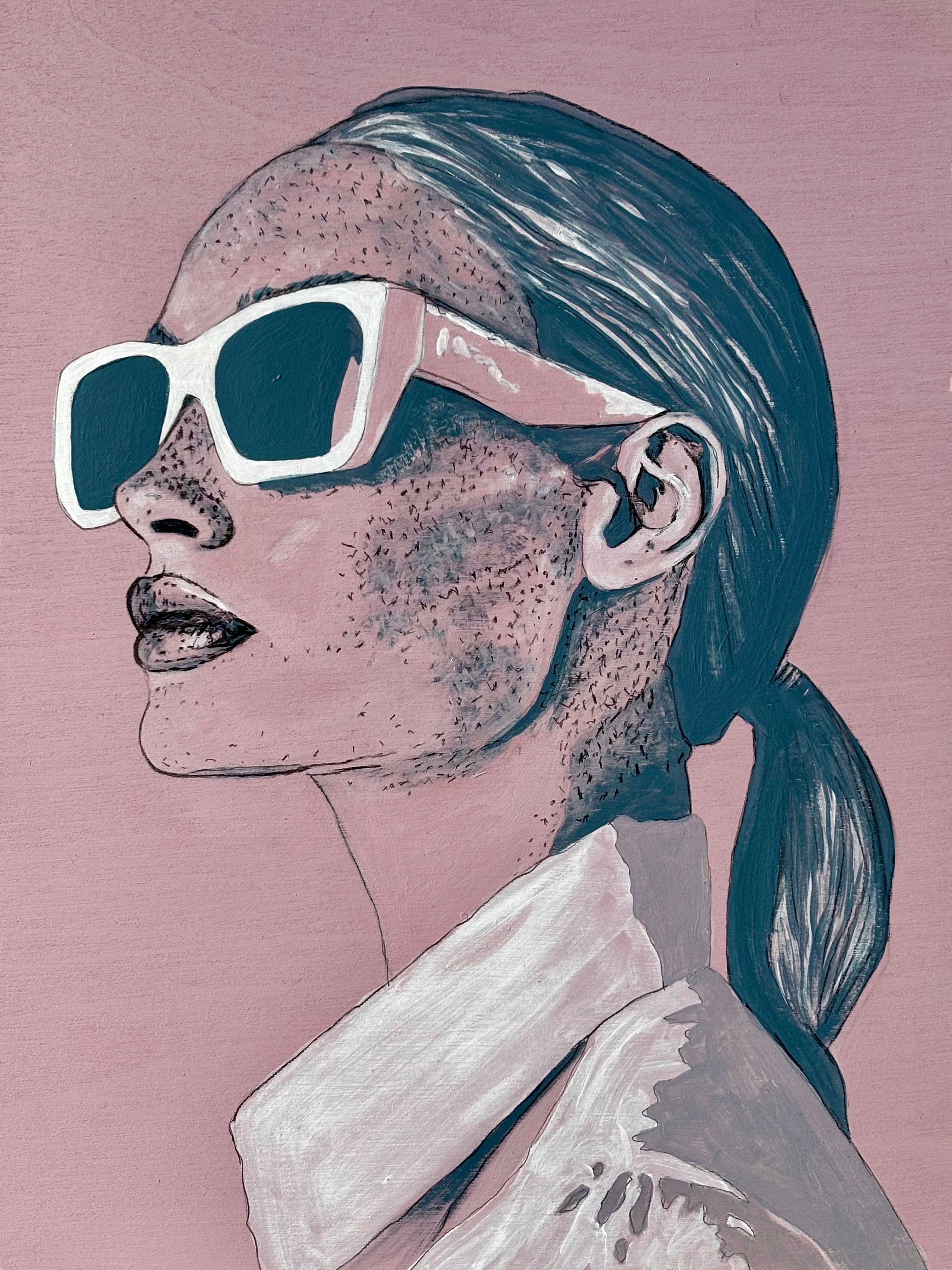 Illustration of a sophisticated woman, 'Frankie', wearing sunglasses with a pink background