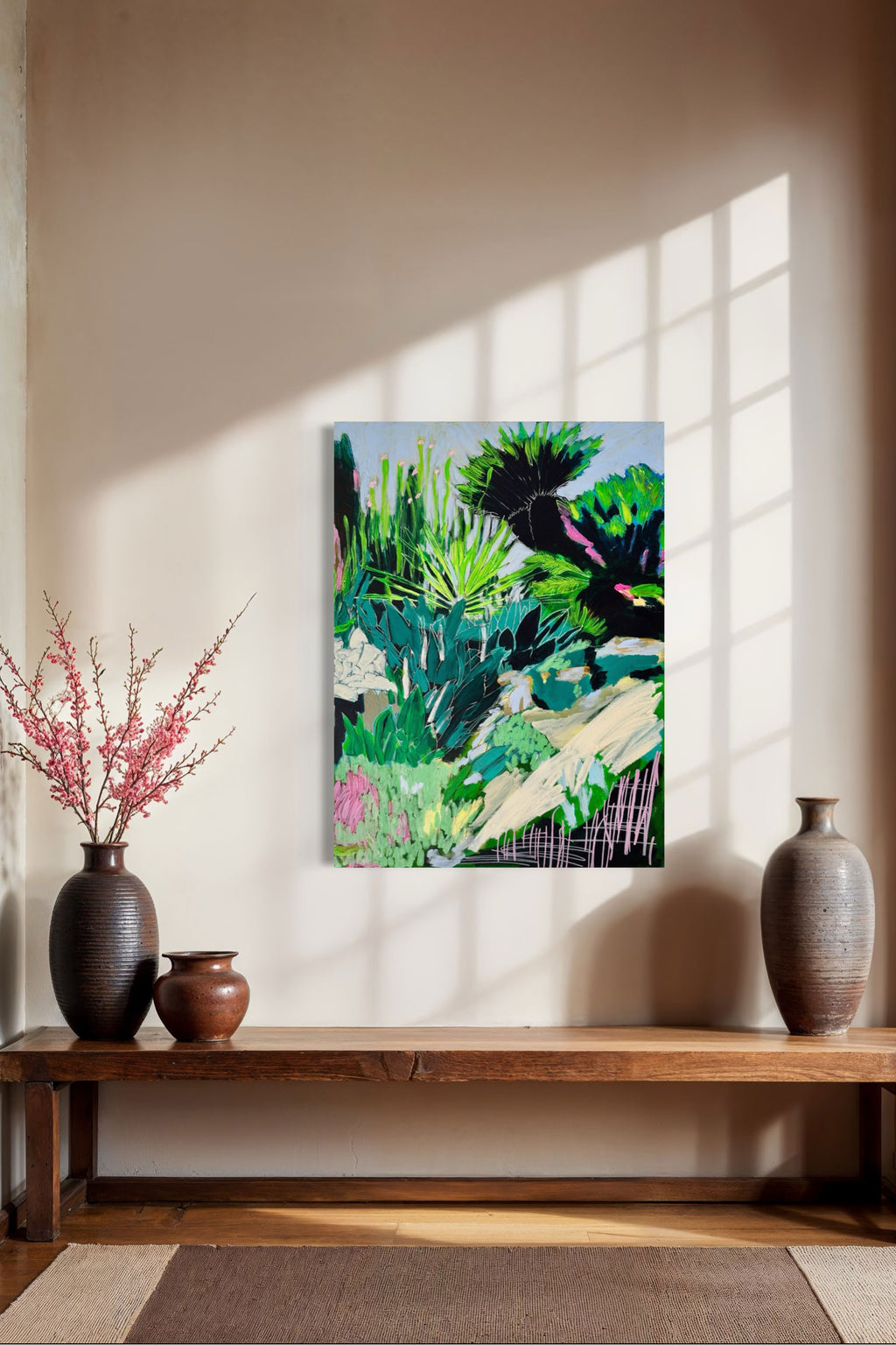 Colourful abstract garden painting on a wall above a wooden bench with decorative vases.