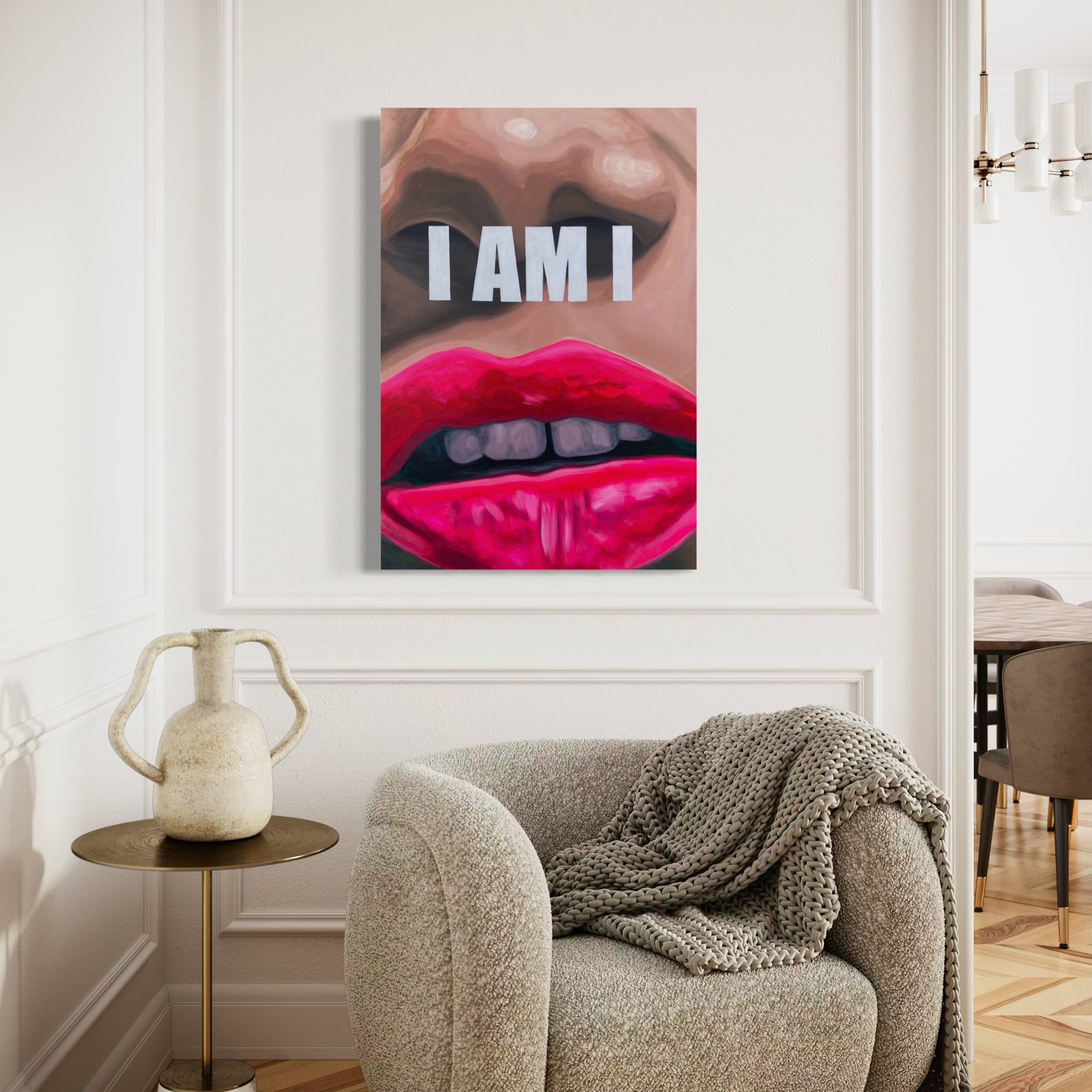 Lifestyle image of a living room with an original painting of a woman's lips on the wall.