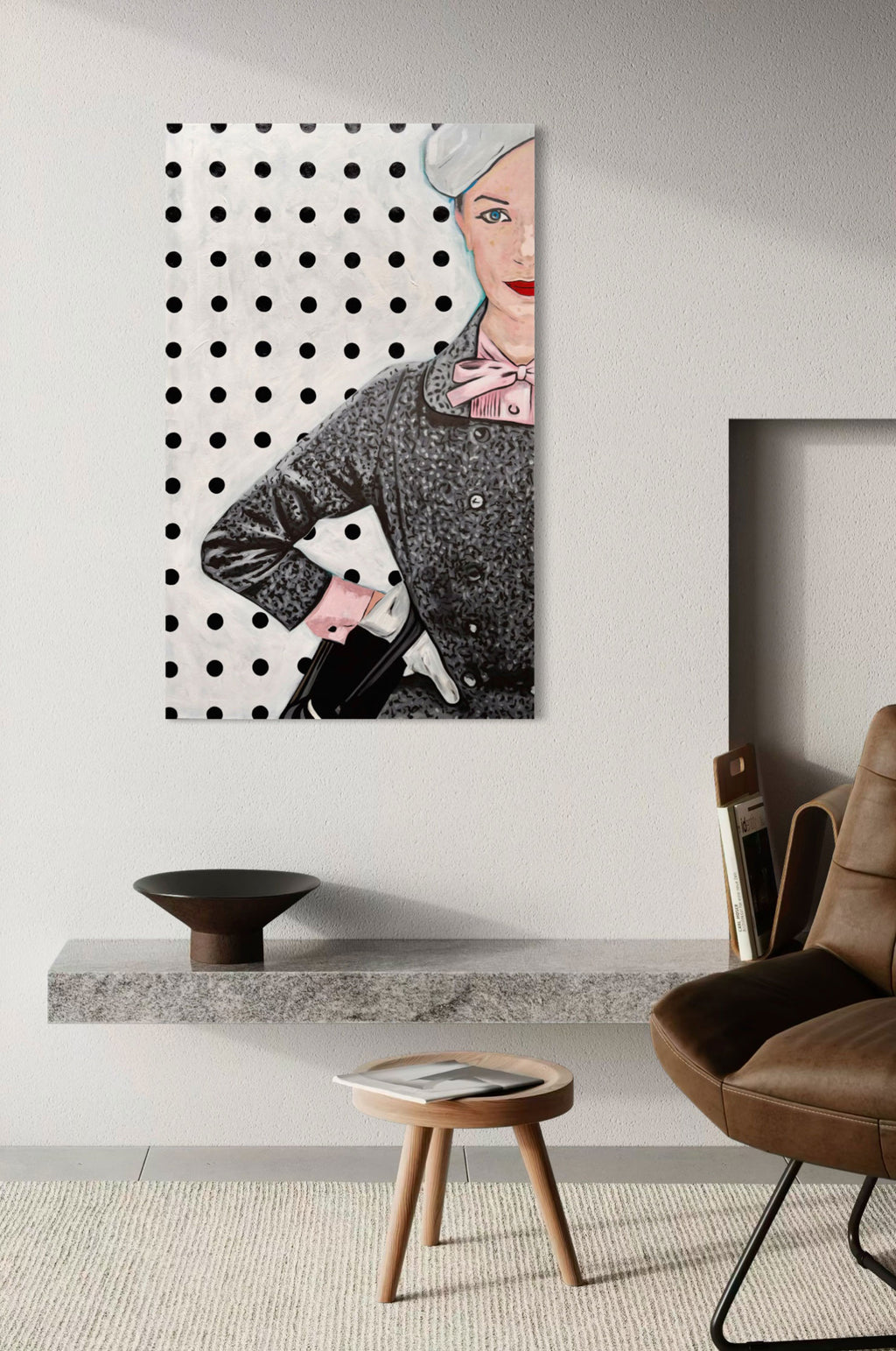 Modern living room with an original painting on the wall of a woman in a polka dot dress.