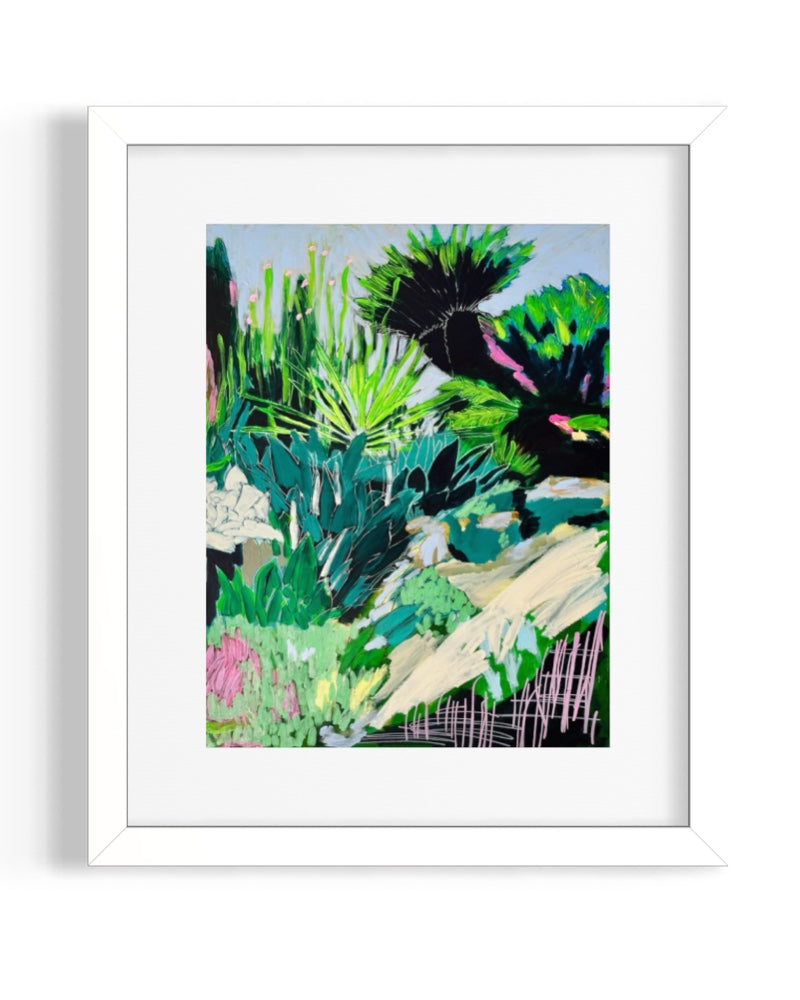 Framed limited edition print of a colourful tropical scene with plants and figures.