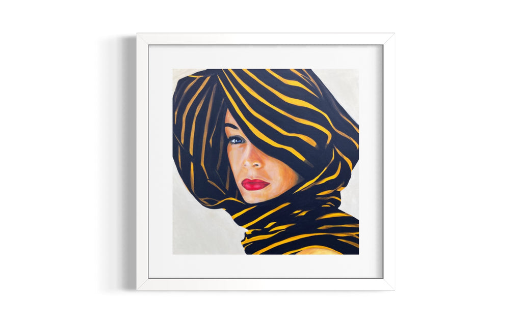 Framed limited edition print of a woman wearing a patterned headscarf on a white background