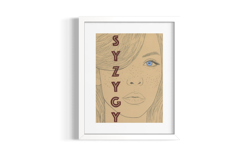 Framed limited edition print of a stylised face with 'SYZYGY' text on a white background