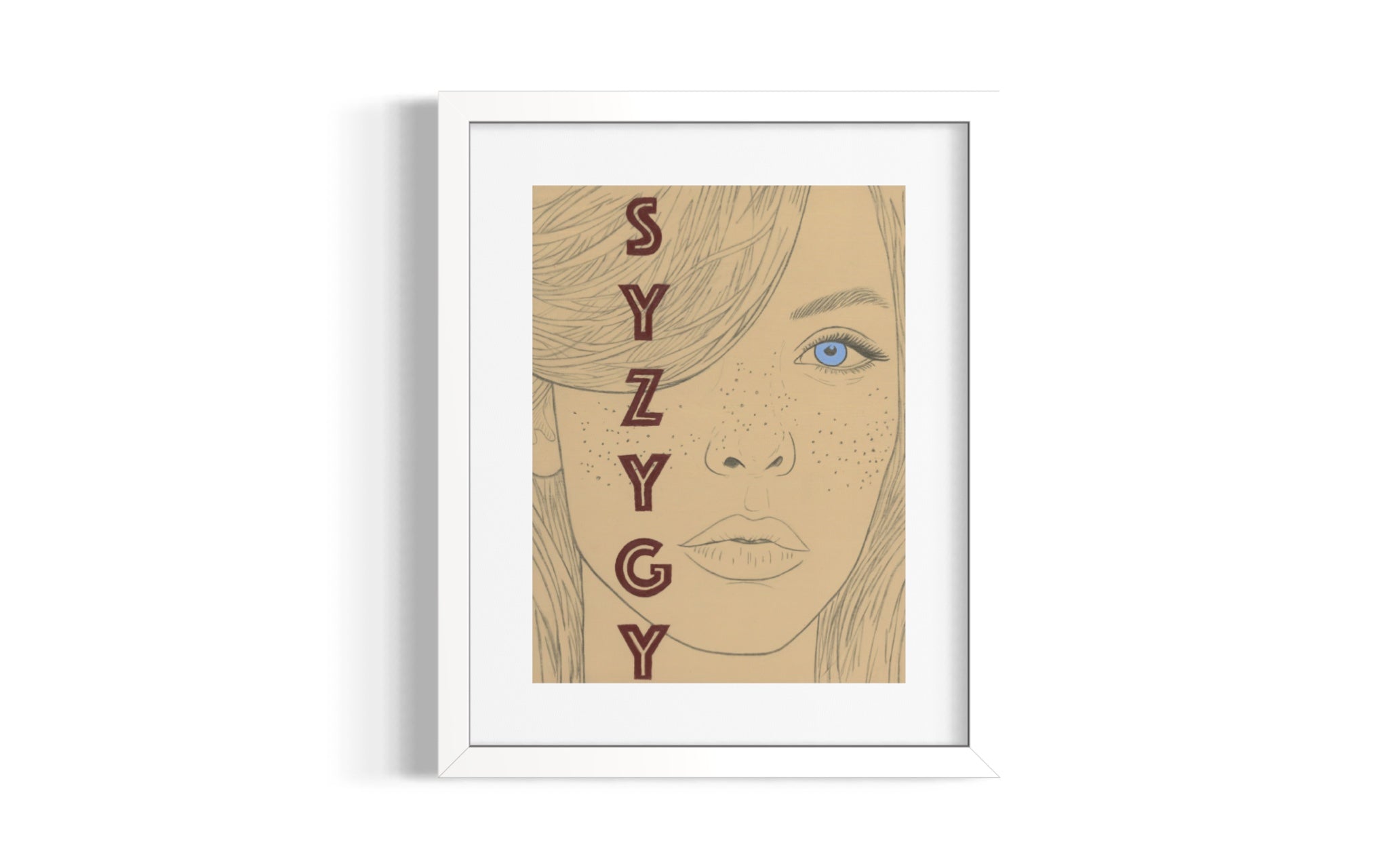 Framed limited edition print of a stylised face with 'SYZYGY' text on a white background