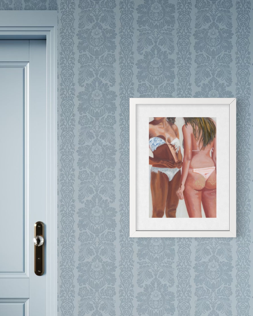 A print depicting two women in bikinis, shown from the back and side. The woman on the left wears a white bikini with blue patterned straps, while the woman on the right wears a pale pink bikini.