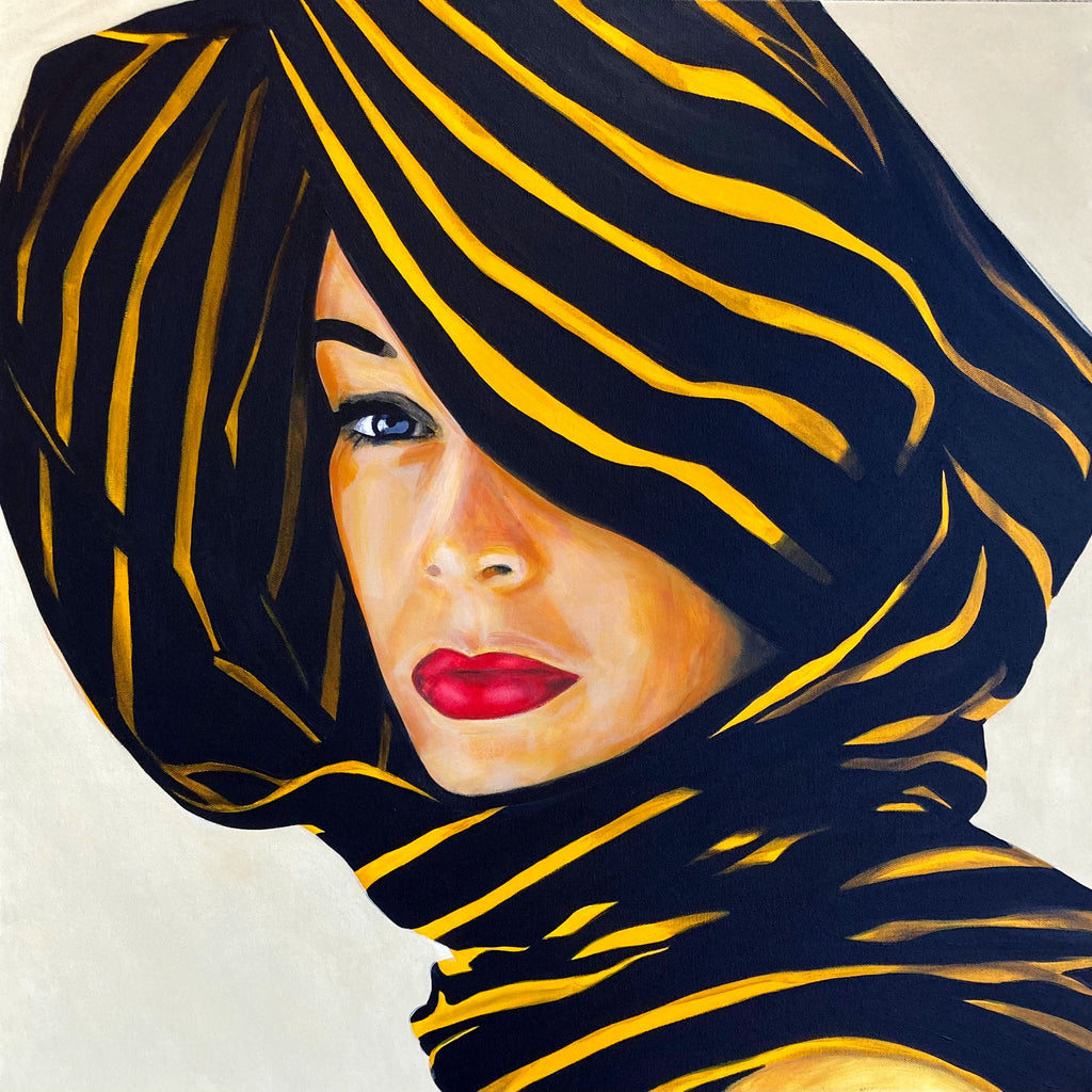 Artistic depiction of a woman's face with black and gold striped headscarf on a white background. Limited edition print by Annie Pritchard