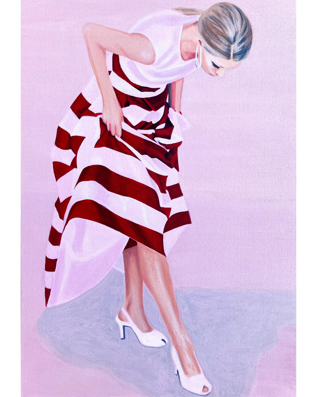  An art print featuring a woman in a red and white striped dress.