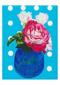 Floral limited edition print of a floral arrangement in a blue vase on a blue background with white polka dots