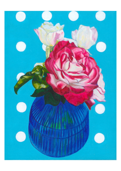 Floral limited edition print of a floral arrangement in a blue vase on a blue background with white polka dots