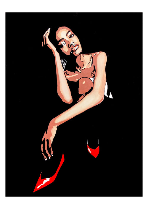 Artistic limited edition print of a woman in a red dress with red shoes on a black background