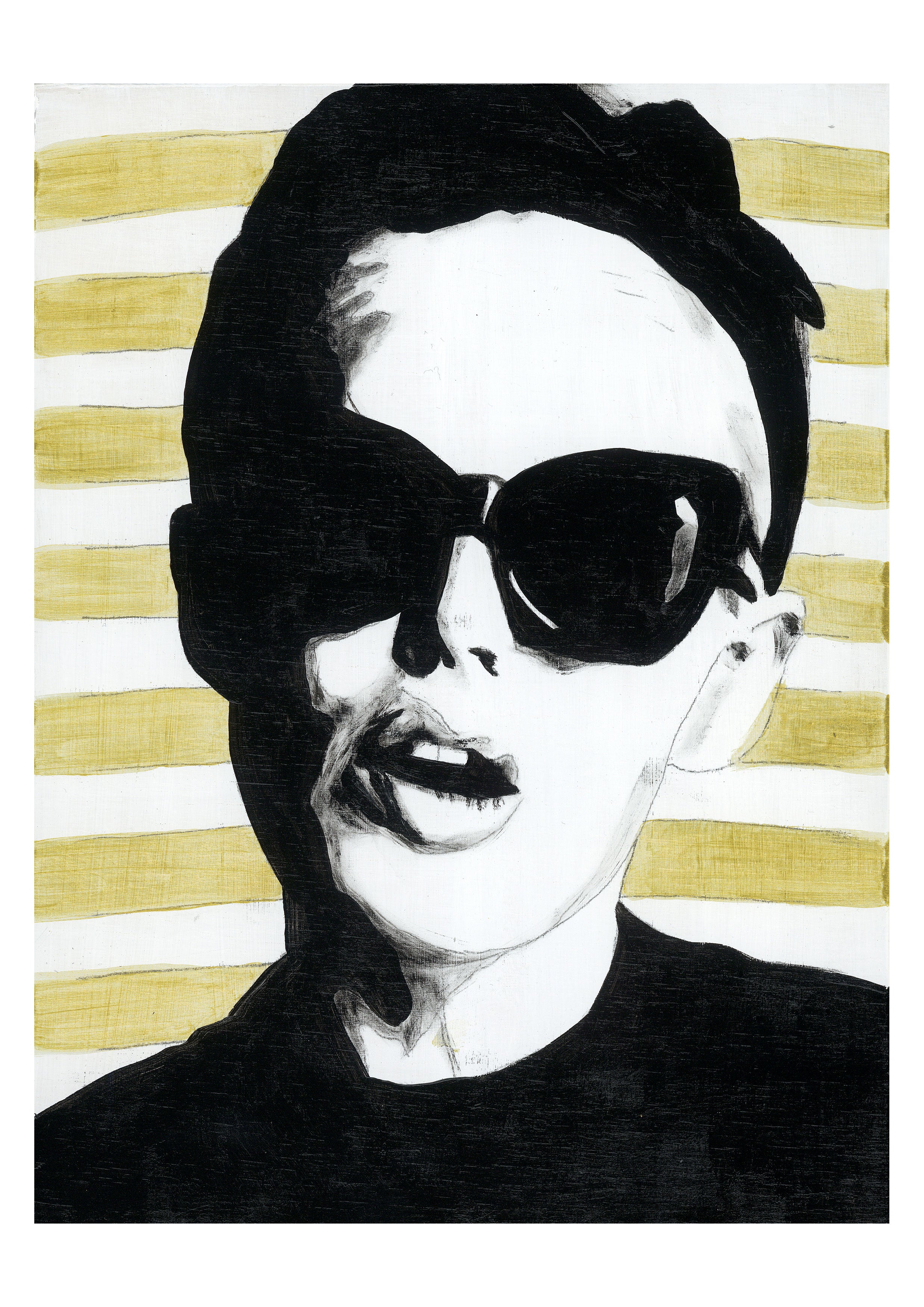 Black and white limited edition print of a woman wearing sunglasses with a gold and white striped background