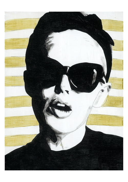 Black and white limited edition print of a woman wearing sunglasses with a gold and white striped background