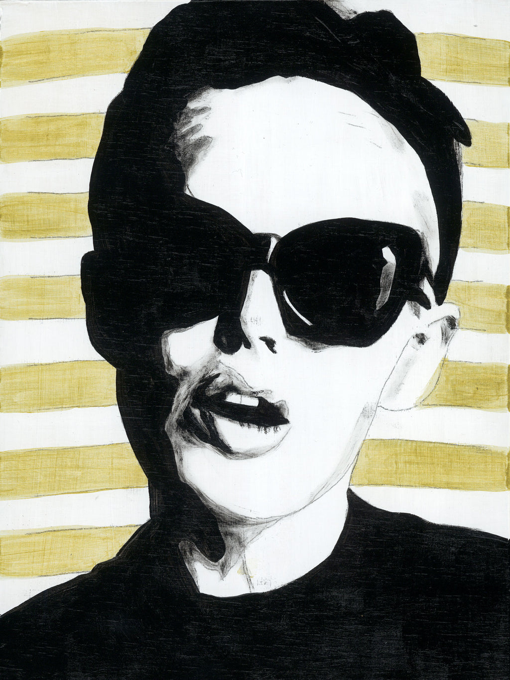 Black and white original painting on board of a woman wearing sunglasses with a gold striped background