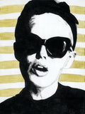 Black and white original painting on board of a woman wearing sunglasses with a gold striped background