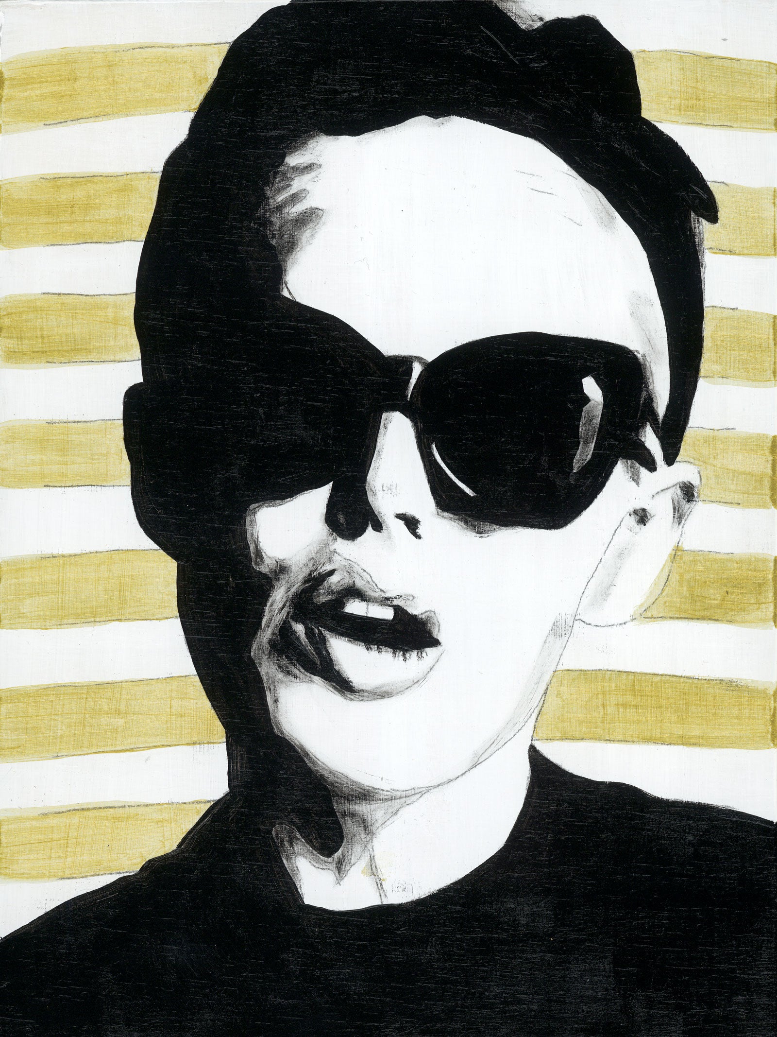 Black and white original painting on board of a woman wearing sunglasses with a gold striped background