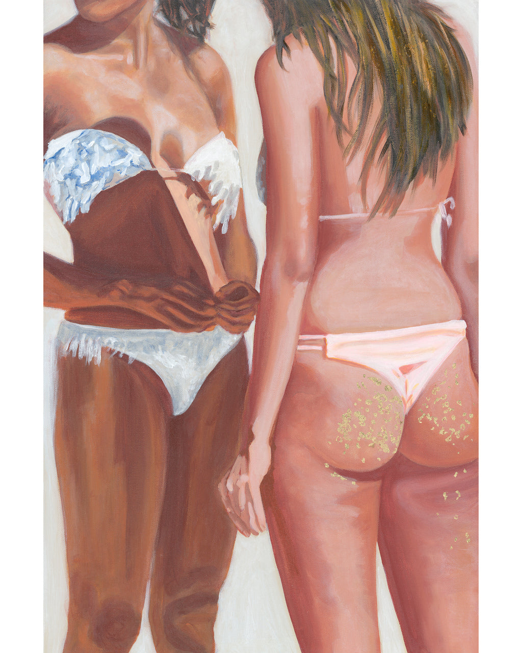 A painting depicting two women in bikinis, shown from the back and side. The woman on the left wears a white bikini with blue patterned straps, while the woman on the right wears a pale pink bikini.