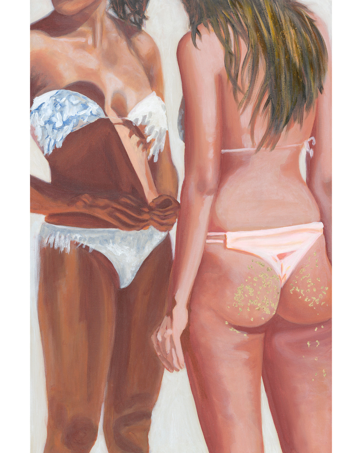 A painting depicting two women in bikinis, shown from the back and side. The woman on the left wears a white bikini with blue patterned straps, while the woman on the right wears a pale pink bikini.