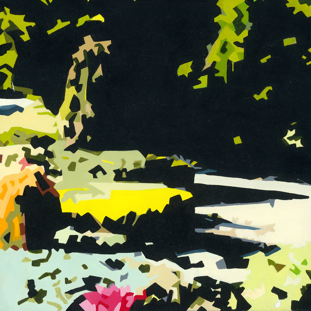 Abstract landscape art print featuring bold blocks of black, lime green, yellow, cream, and pink, depicting a stylized outdoor scene with foliage and a bright sunlit area.