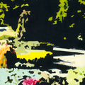 Abstract landscape art print featuring bold blocks of black, lime green, yellow, cream, and pink, depicting a stylized outdoor scene with foliage and a bright sunlit area.