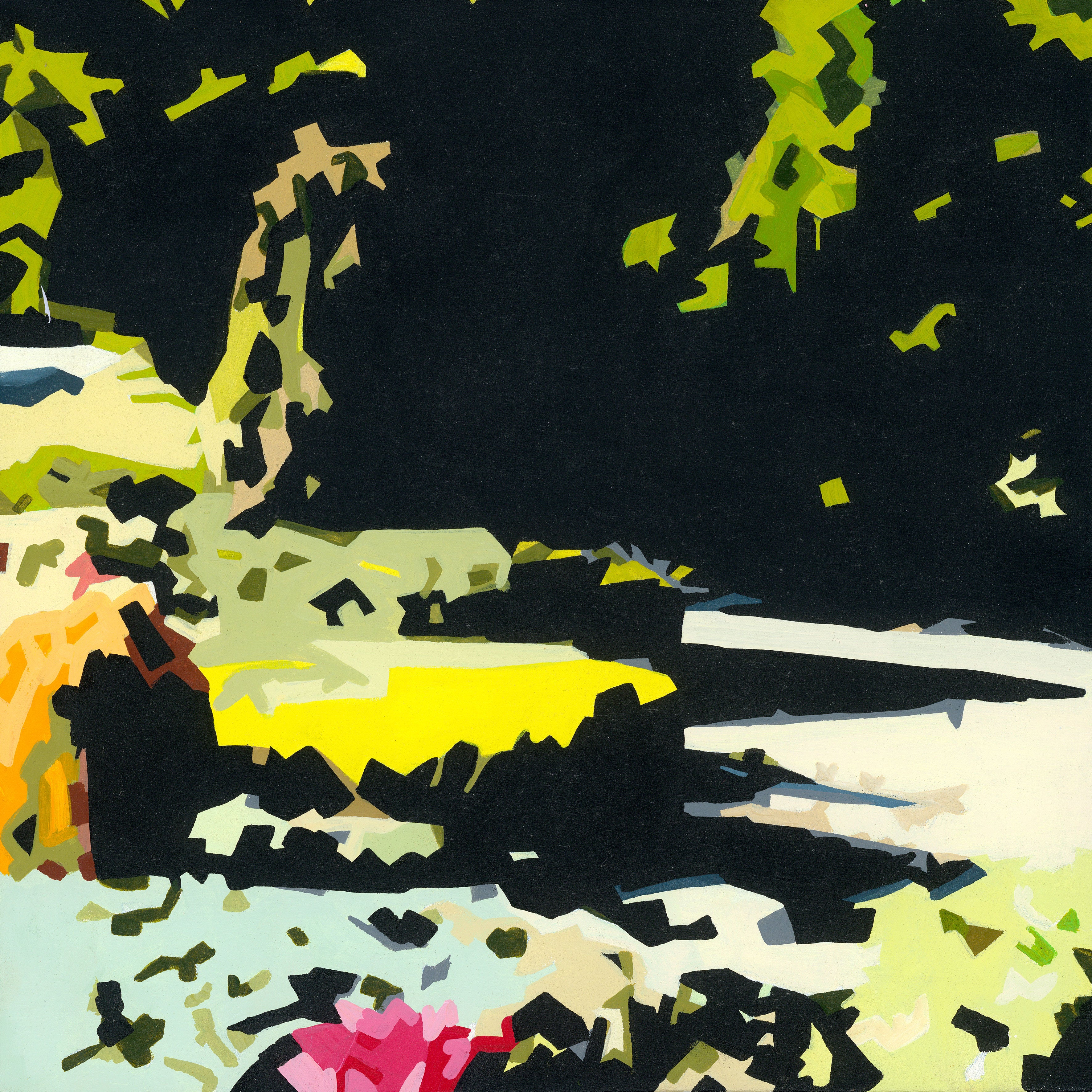 Abstract landscape art print featuring bold blocks of black, lime green, yellow, cream, and pink, depicting a stylized outdoor scene with foliage and a bright sunlit area.