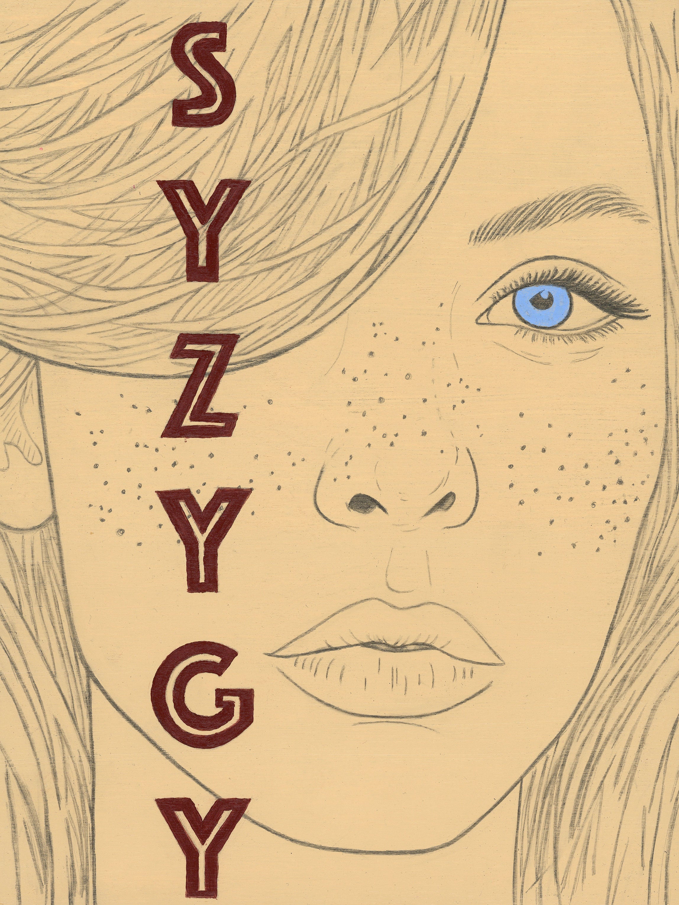Illustration of a woman's face with 'SYZYGY' text overlay on a beige background.