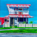 The Classic by Annie Pritchard, a painting of a two-storey house with striped awnings, a white fence and blue sky.