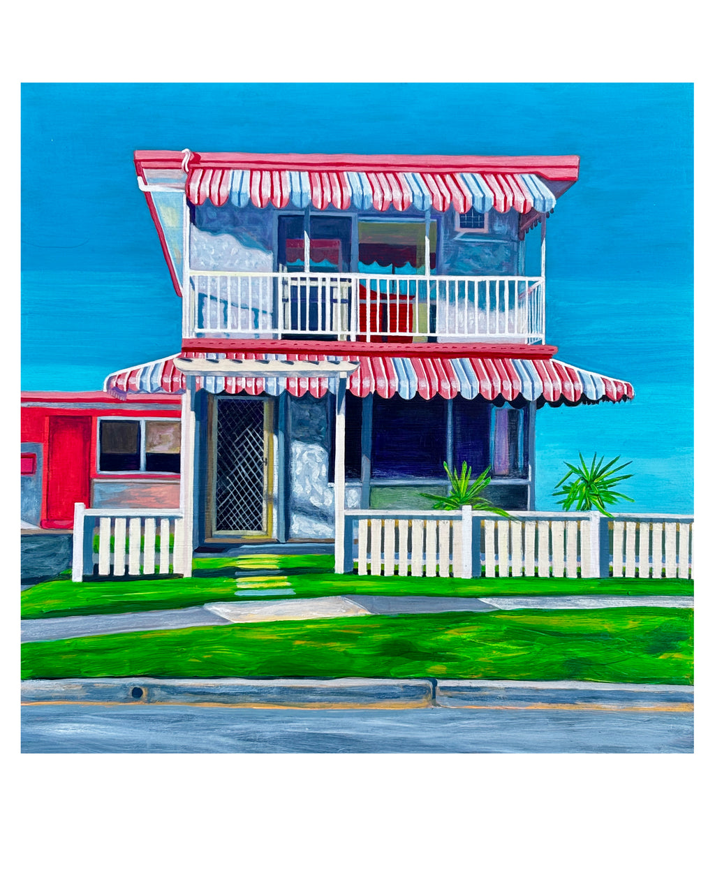 'The Classic' by Annie Pritchard, a painting of a two-storey house with striped awnings, a white fence and blue sky.