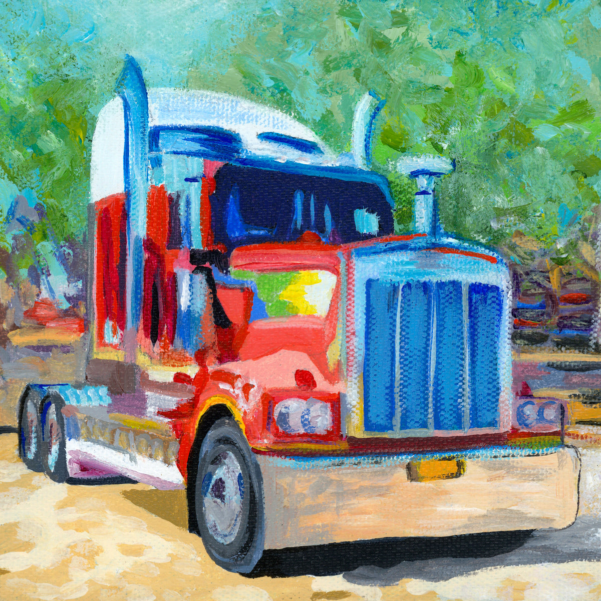 Colorful painting of a truck with a blurred background