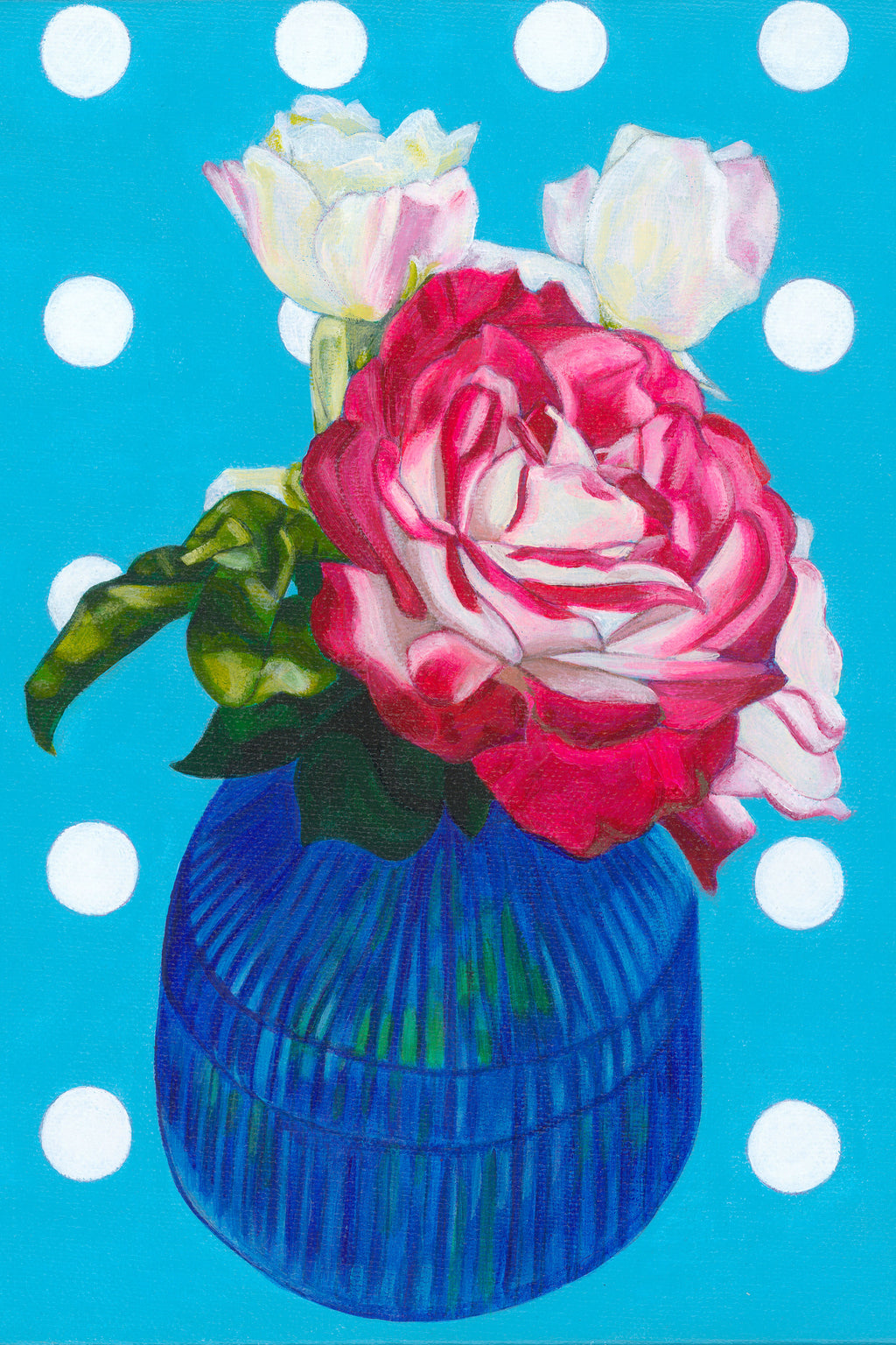 Original painting on canvas of a vase with pink and white flowers on a blue background with white polka dots